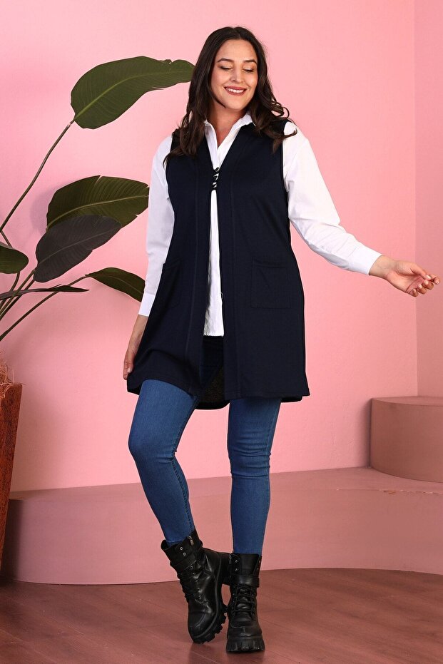 Women's Large Size Hijab Clothing Long Summer Vest Navy Blue