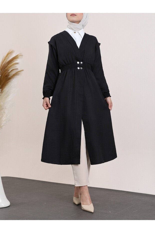 Black Linen Cap with Elasticized Sleeves and Waist - 2
