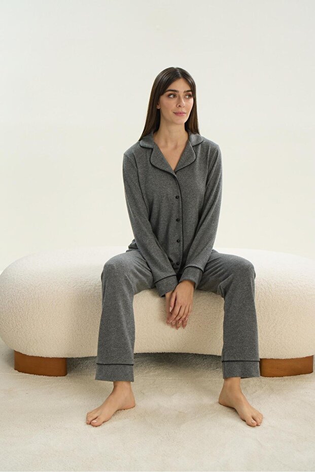 Women's Long Sleeve Knitwear Front Buttoned Gray Melange Pajama Set C1T8N9O51