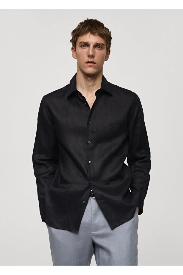 %100 keten regular kesim gömlek - 1