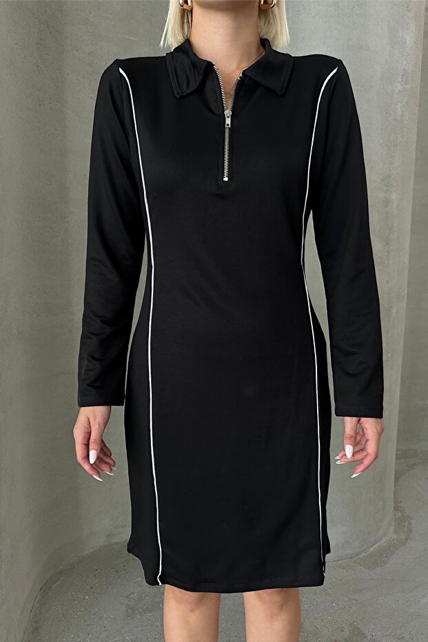 Women's Black Zippered Combed Cotton Dress