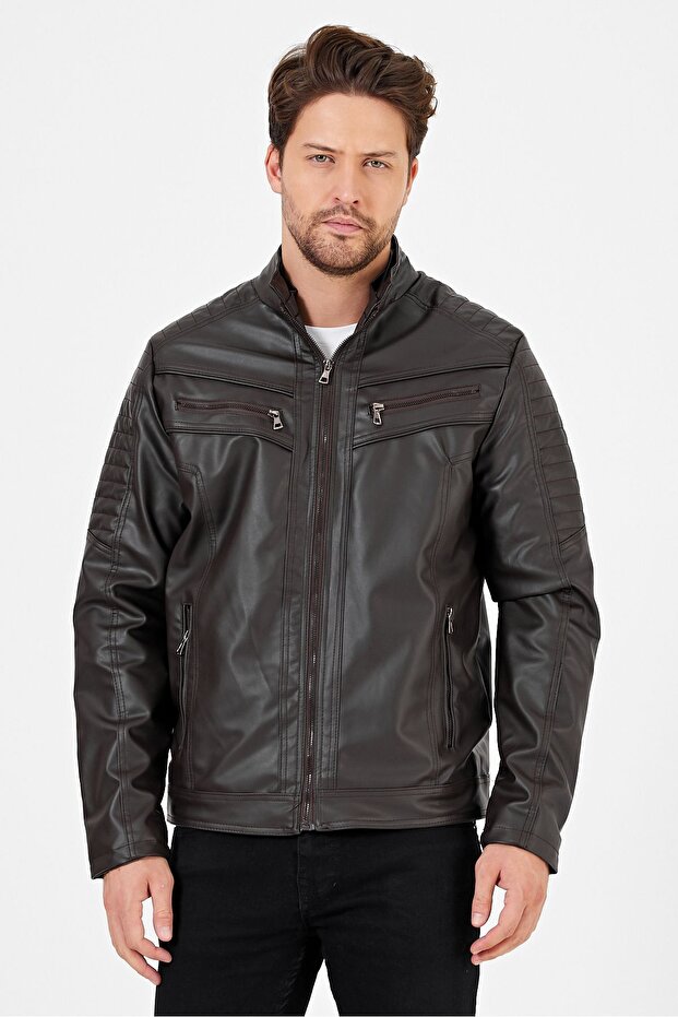 Men's Brown Leather Coat Standard Cut Hooded