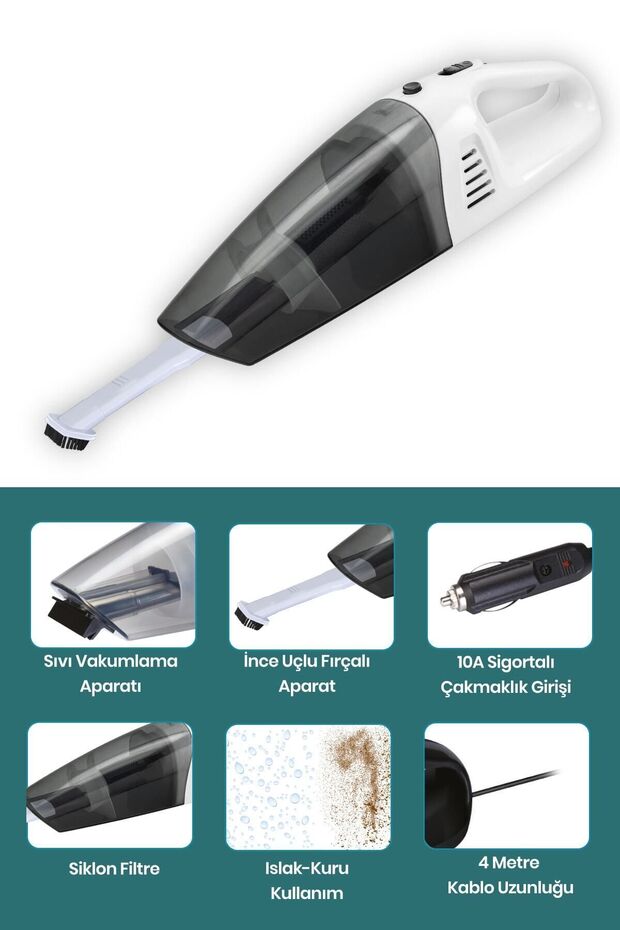 Automax Islak Kuru Güçlü Siklon Filtreli Taşınabilir Fırçalı Başlıklı Araç Tipi El Süpürgesi - 5