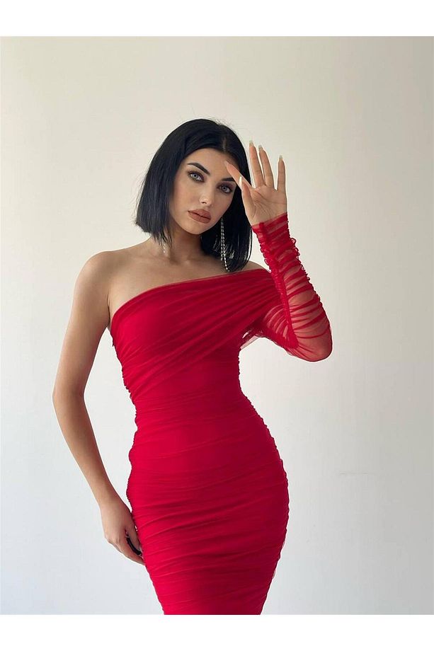 Tek Kol Drapeli Tül Elbise - Kırmızı - 8