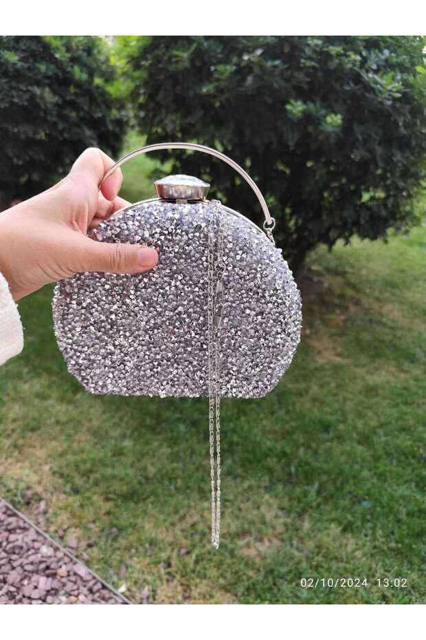 Large Stoned Silver Flask Model Evening Bag
