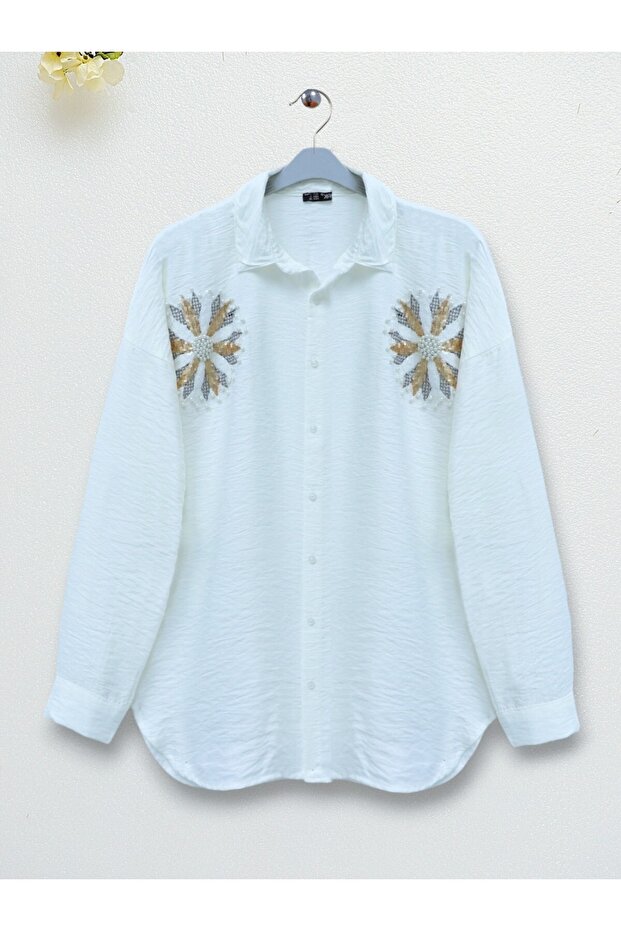 Pullu Güneş Nakışlı Gömlek -Ekru - 1
