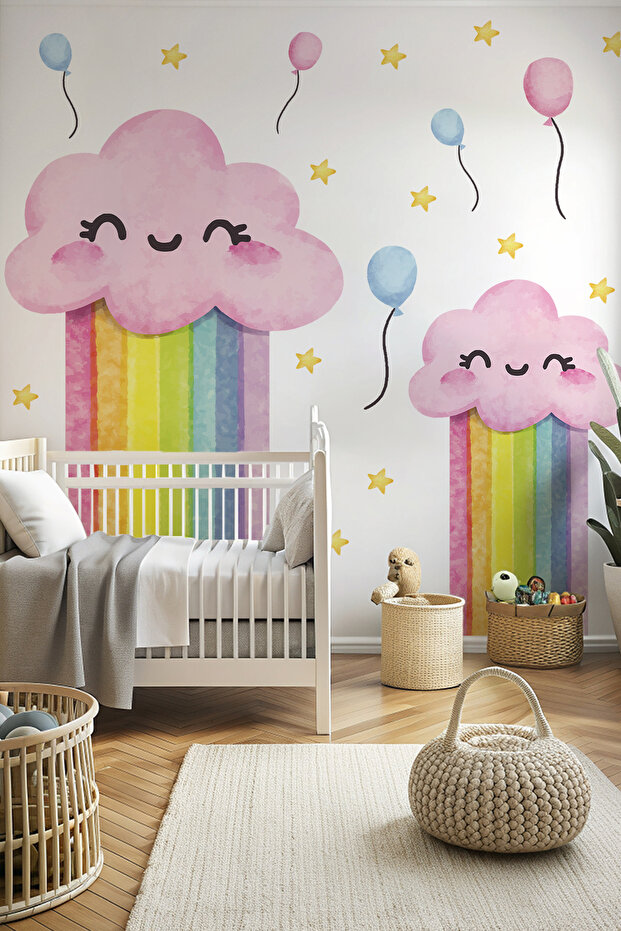 Pink Cloudy Rainbow Balloon and Stars Kids Room Glass Wall Sticker Set