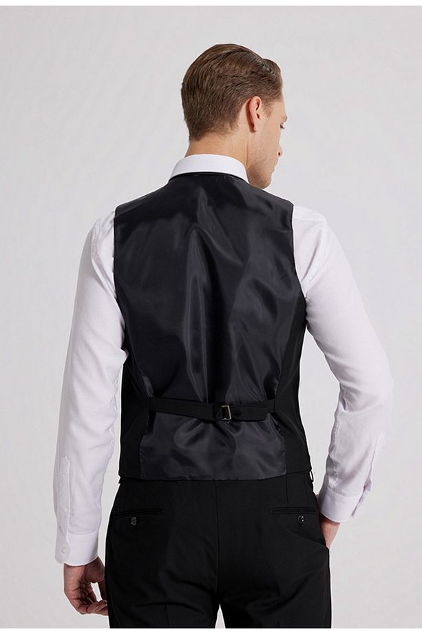 Slim Fit Siyah Mono Yaka Tek Yırtmaçlı Astarlı Takim Elbise Yelekli - 4