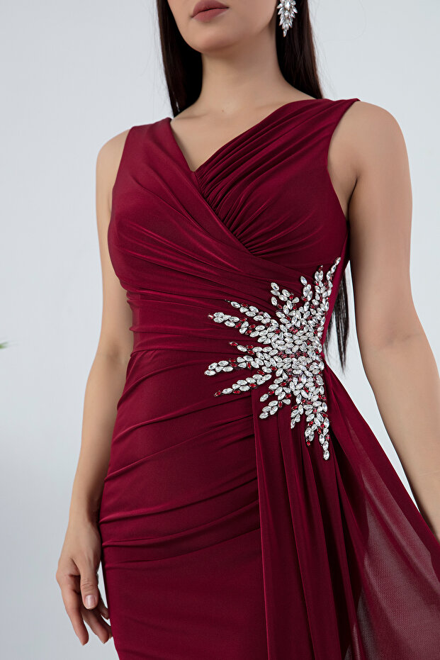 Beli Taşlı Yırtmaçlı Abiye Elbise ECR5301 - 2