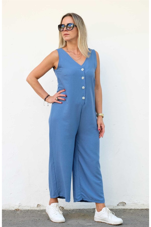 V-Neck Button Detailed Jumpsuit - 2