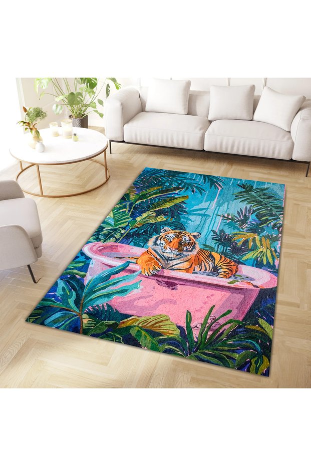 North Collection Nature Themed Tiger Patterned Woven Base Decorative Carpet in Pink Bathtub North38
