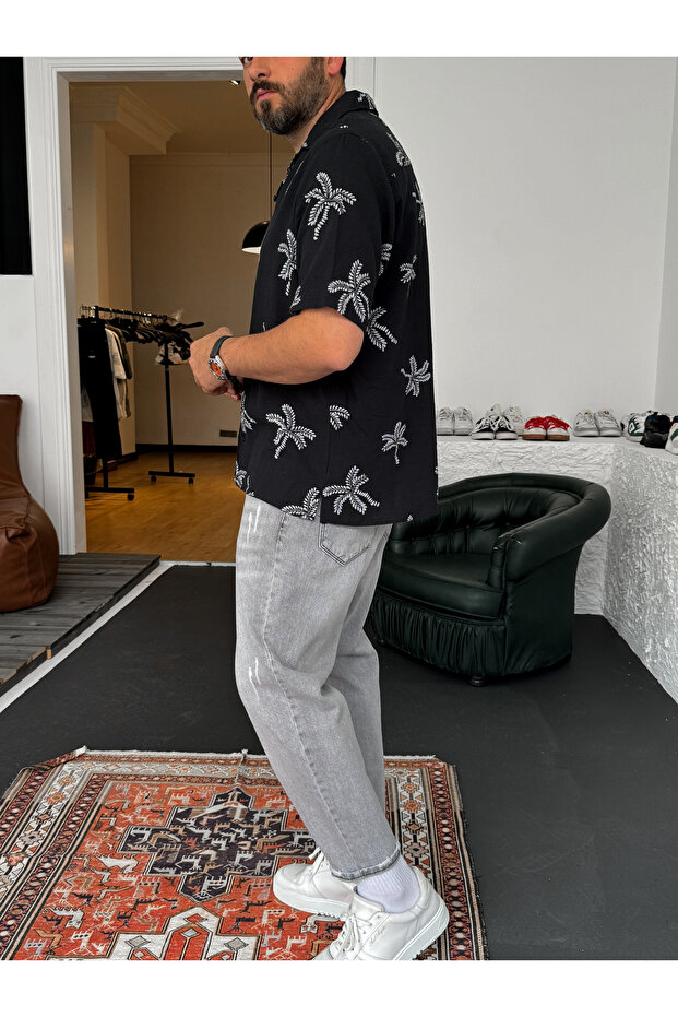 Siyah Palmiye Nakışlı Gömlek G-5444/3 - 6