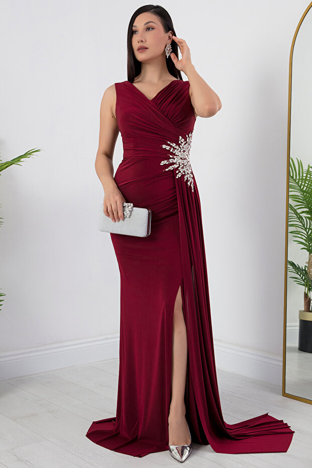 Beli Taşlı Yırtmaçlı Abiye Elbise ECR5301 - 1