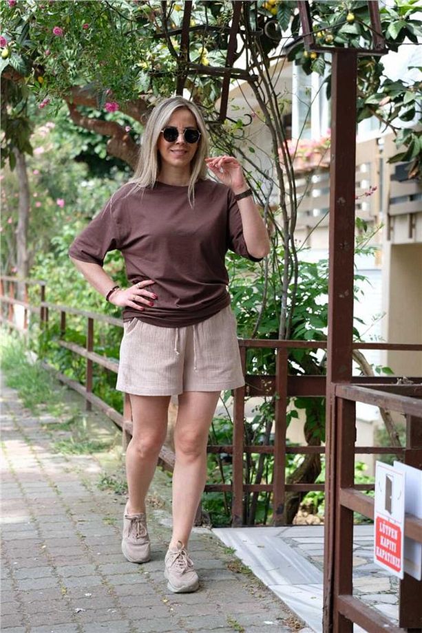 Bej Gofreli Şort - 4