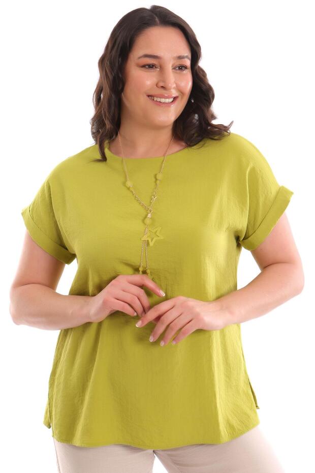 بلوزة أساسية ذات أكمام منخفضة مقاس كبير باللون الأخضر الفستقي - 1