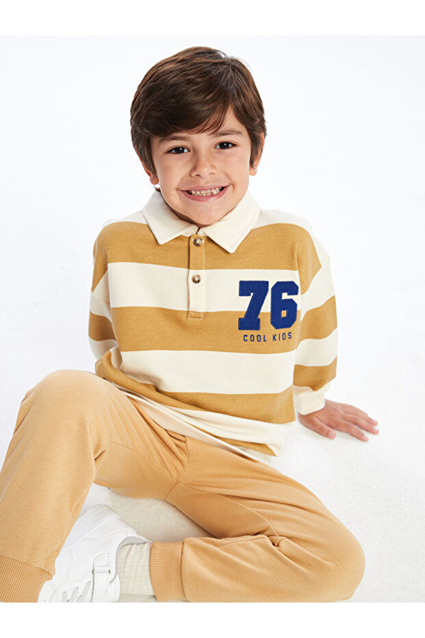 Ecru Striped Polo Collar Long Sleeve Sweatshirt for Baby Boy