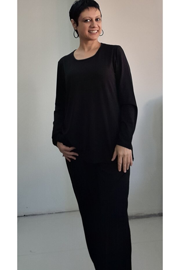 Black Bottom Top Suit Round Neck Combed Cotton Viscose Pajamas Suit