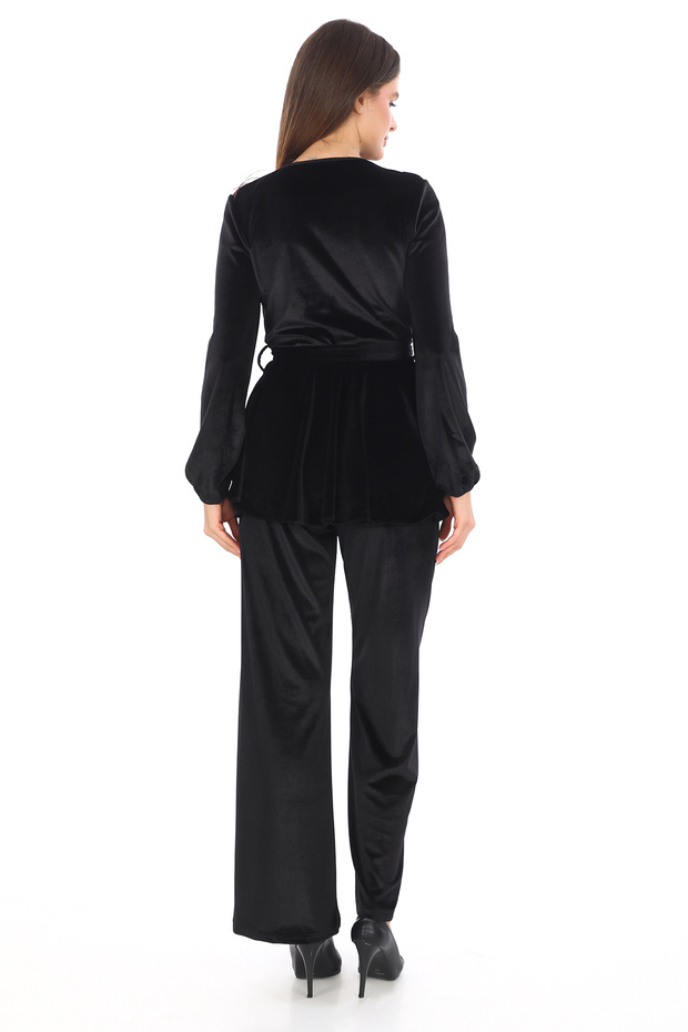 طقم بنطال بلوزة بحزام مخملي بياقة مزدوجة الصدر فاخرة - 4