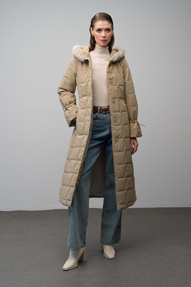 Fur Hooded Quilted Patterned Long Coat Beige 6635