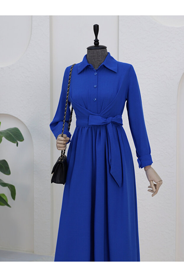 Half button front cross tied linen dress -sax