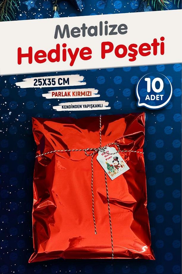 Yapışkanlı Metalize Hediye Paketi Poşeti 25x35cm Kırmızı 10 Adet  Yeni Yıl Yılbaşı Hediye Paketi -T1 - 2