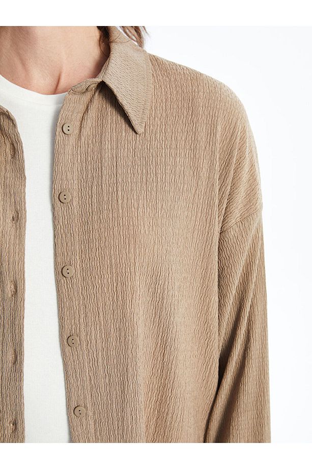 LCWAIKIKI Basic Bej Dokulu Oversize Kadın Gömlek Tunik - 3