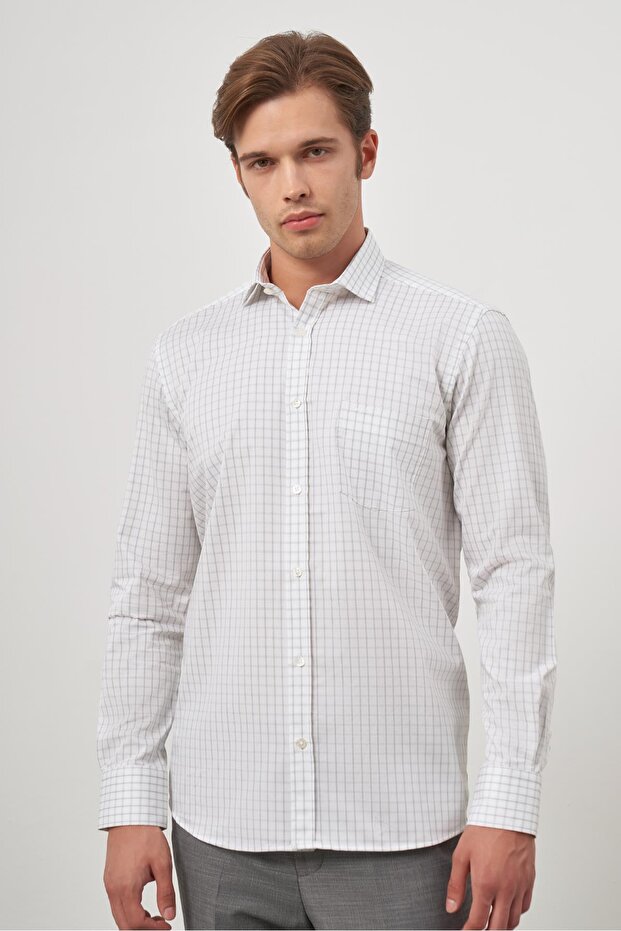 Men's White Long Sleeve Checkered Pattern Half Italian Pocket Comfort Fit Shirt 1004245193