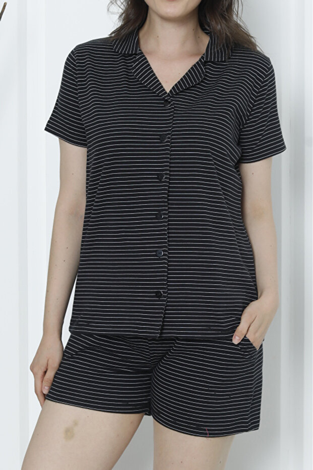 Women's Shorts Pajama Set Short Sleeve Buttoned Pocketed Black Striped