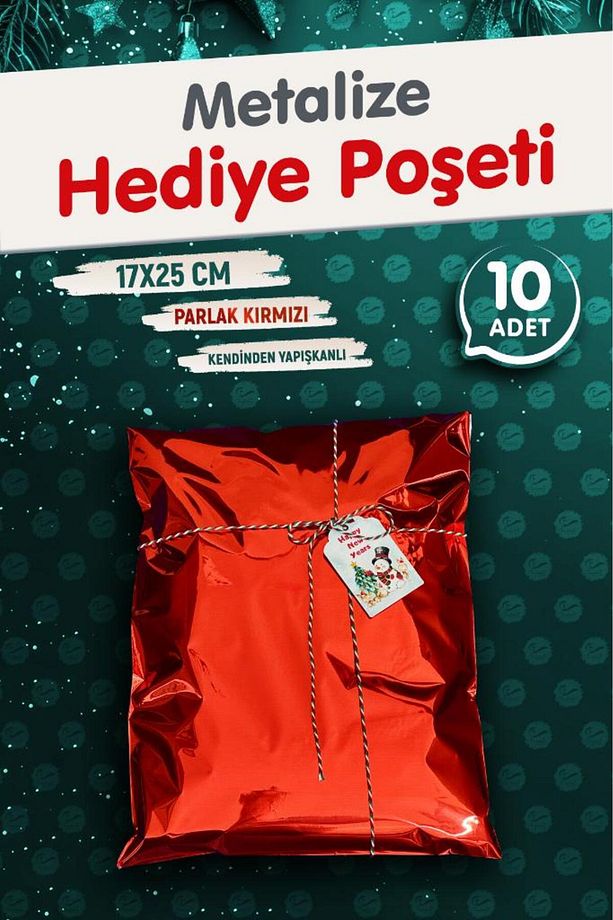 Yapışkanlı Metalize Hediye Paketi Poşeti 17x25cm Kırmızı 10 Adet  Yeni Yıl Yılbaşı Hediye Paketi -T1 - 2