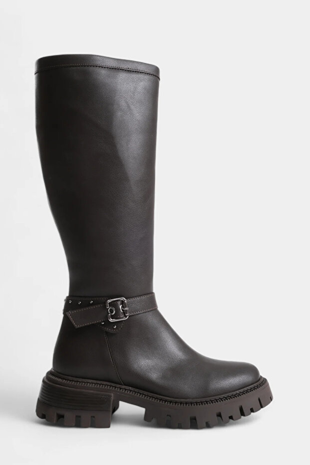 Brown Side Zippered Buckle Round Toe Women's Boots