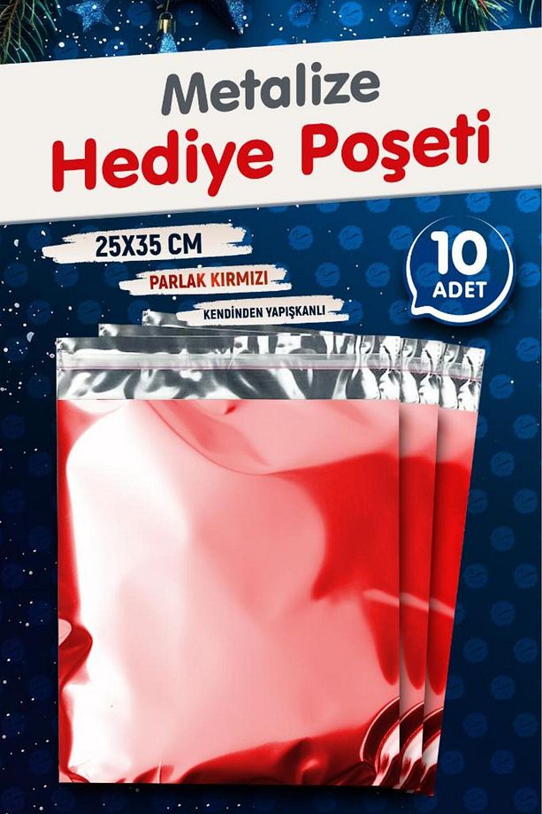 Yapışkanlı Metalize Hediye Paketi Poşeti 25x35cm Kırmızı 10 Adet  Yeni Yıl Yılbaşı Hediye Paketi -T1 - 1
