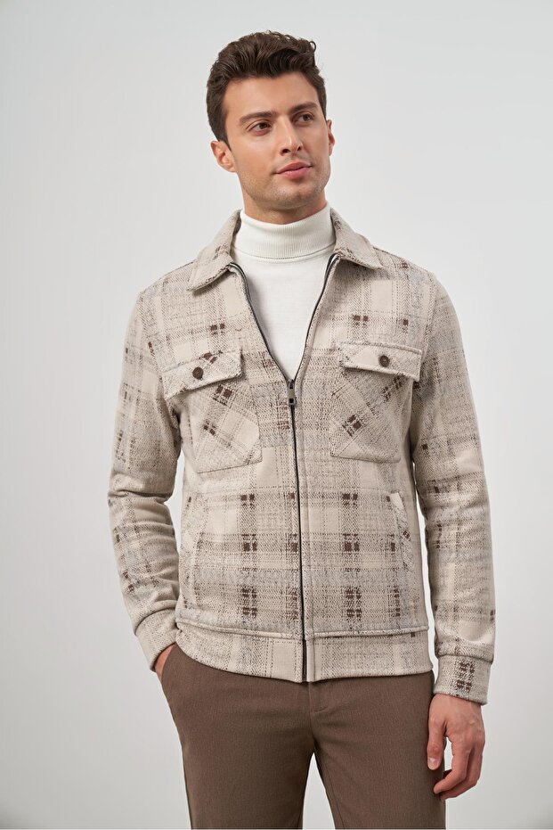 Men's Tan Knitted Baby Collar Self-Patterned No Slits Slim Fit Classic Coat 1007245157