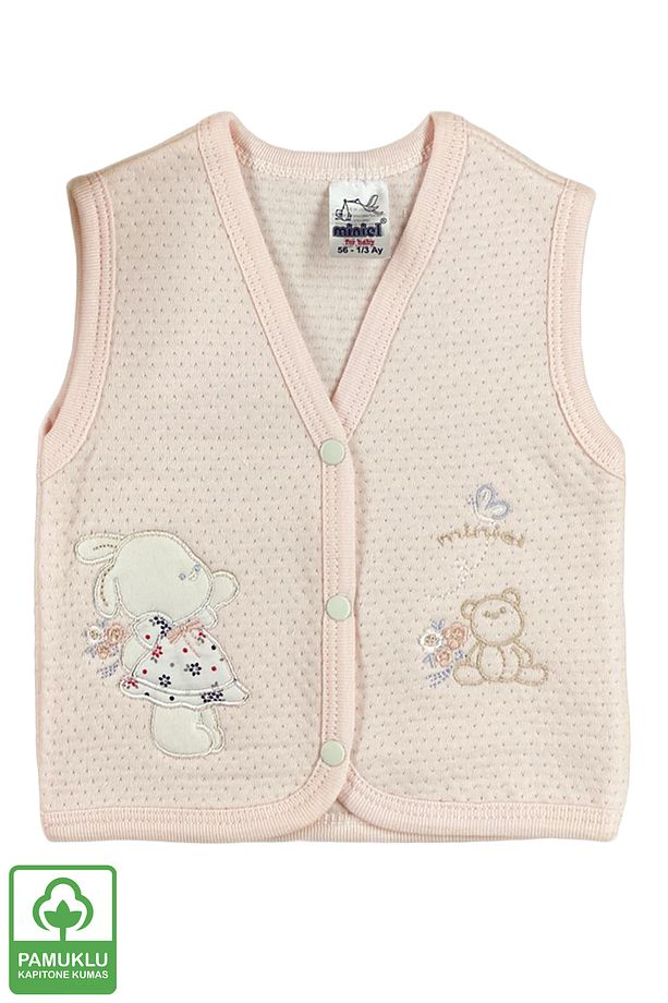 Kız Bebek Sevimli Ayıcık Nakışlı Organik Pamuklu 3-6-9 Ay 3Lü Kapitone Bebek Yelek Set - 4
