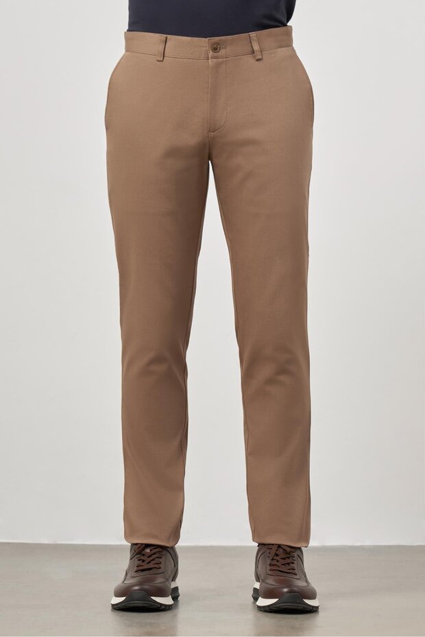 Men's Dark Beige Cotton Slim Fit Chino Trousers with Side Pockets 1003245150