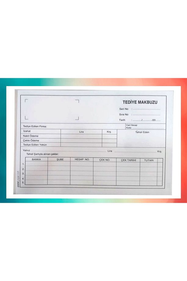 Tediye Makbuzu 2/50 (A5) Ölçüsü: 14x20 cm, Otokopili 1 Asıl 1 Suret 2 Nüsha 2 Adet - 7