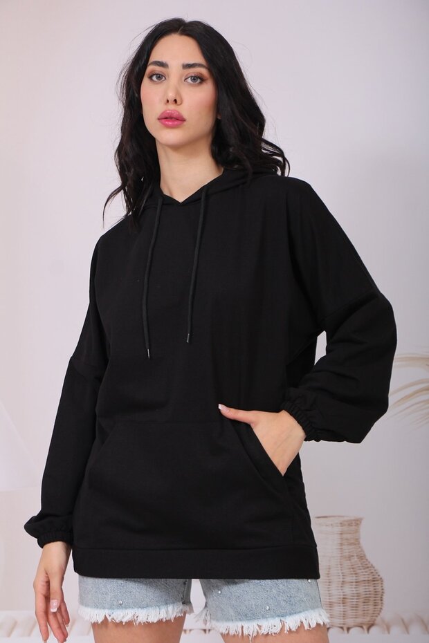 Kadın Kapüşonlu Kargo Cepli Oversize Sweat - 1