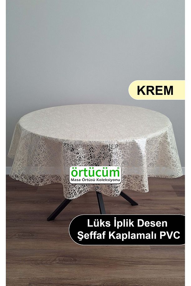 Krem Yuvarlak İplik Desen Hasır Örgü Pvc Şeffaf Kaplama Kalın Lüks Muşamba Masa Örtüsü Silinebilir - 1