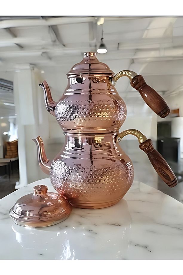 Bakır Büyük Çaydanlık Bakır Çaydanlık Bakır Petek Desenli Çaydanlık El İşlemeli Demlik - 1