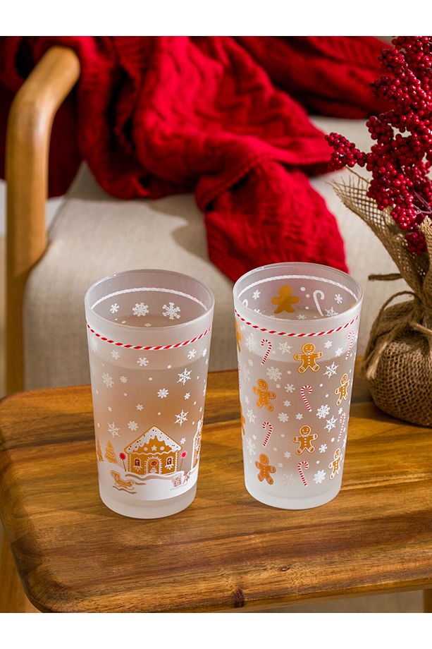 Açık Kahverengi Yılbaşı Baskılı Cam Bardak Seti 2'li 570 Ml - 1
