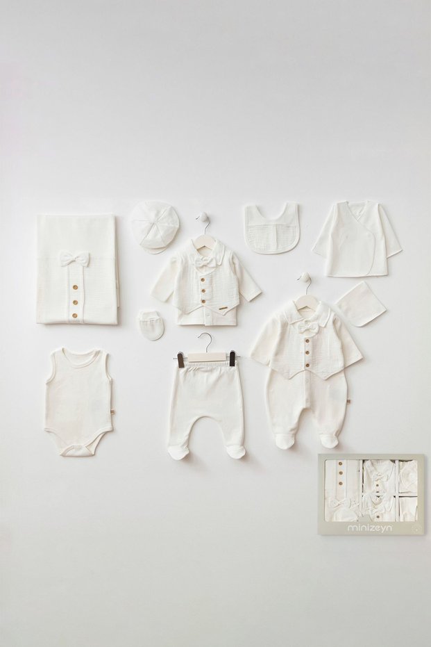 Baby Basketed Bow Tie Vest with Detailled Muslin 10-Piece Newborn Hospital Release Zibin Set Boxed Yk1006