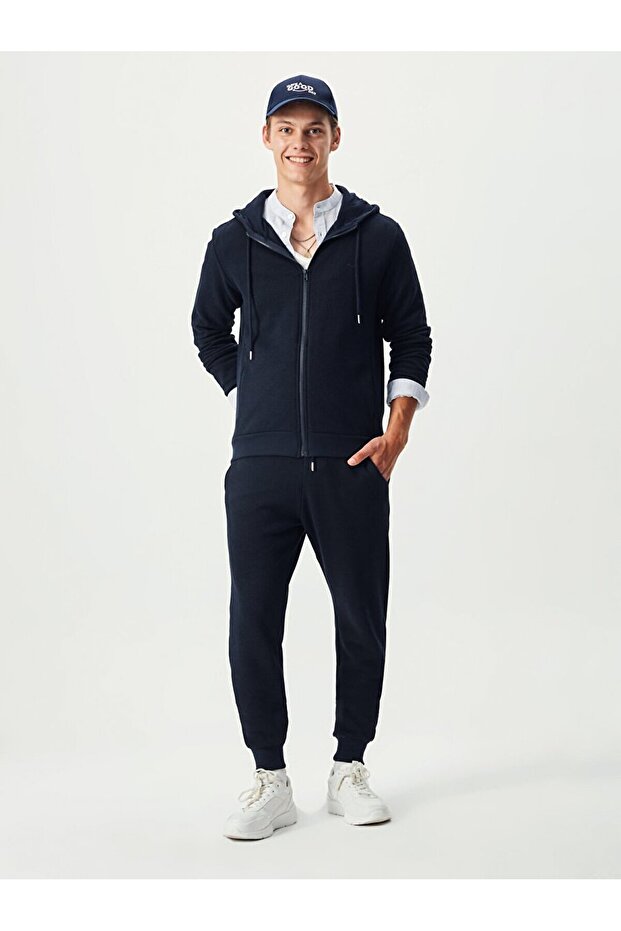 Kapüşonlu Fermuarlı Lacivert Sweatshırt - 1