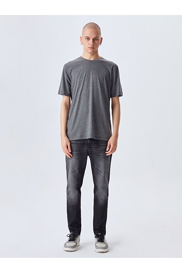 Sıfır Yaka Basıc Kısa Kol Regular Antrasit T-shırt - 1