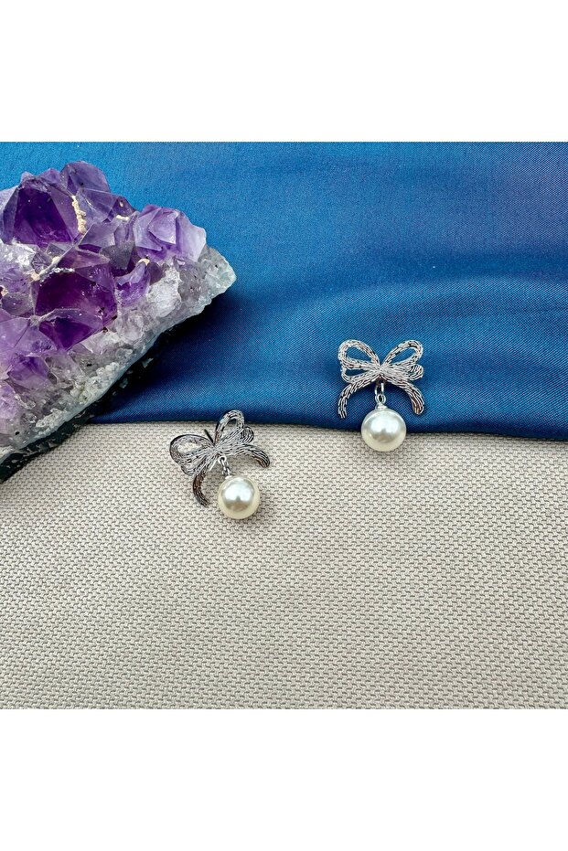 Women's Steel Pearl Dangle Ribbon Silver Earrings