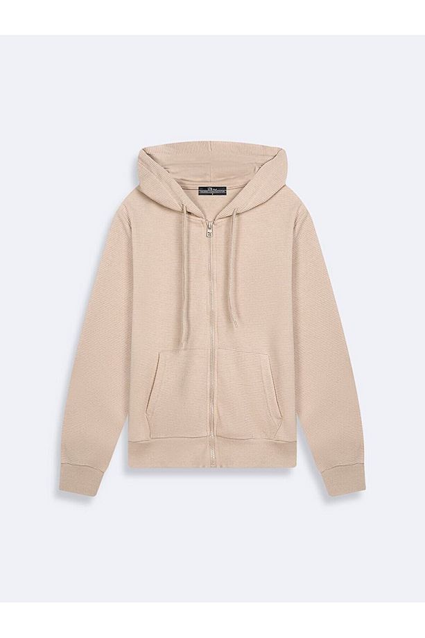 Kapüşonlu Fermuarlı Bej Sweatshırt - 1