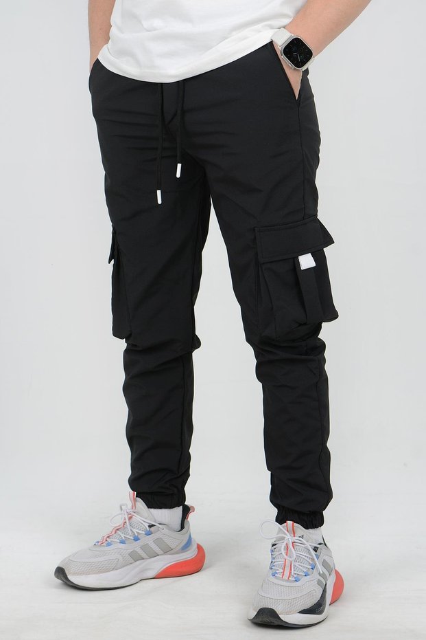Men's Slim Fit Pocketed Thin Sports Trousers with Elastic Waist and Legs Black Edw071