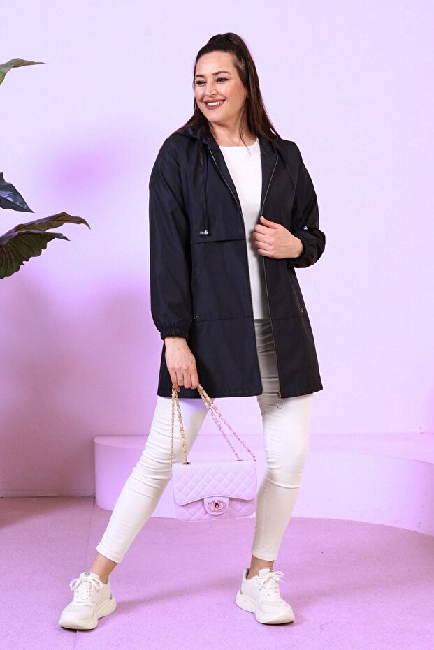 Women's Zippered Large Size Elastic Sleeve Trenc Dark Blue