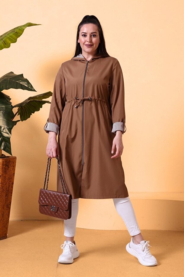Women's Large Size Zippered Clothing with Cik Hijab Trenc Tan