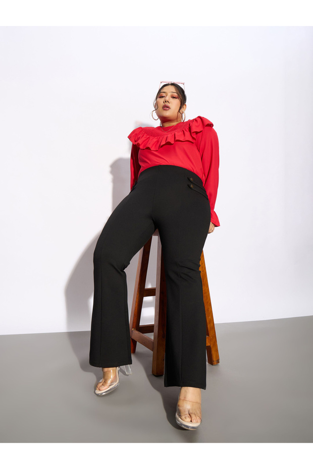 Plus Solid Bell Bottom Trouser with Button Detail - 6