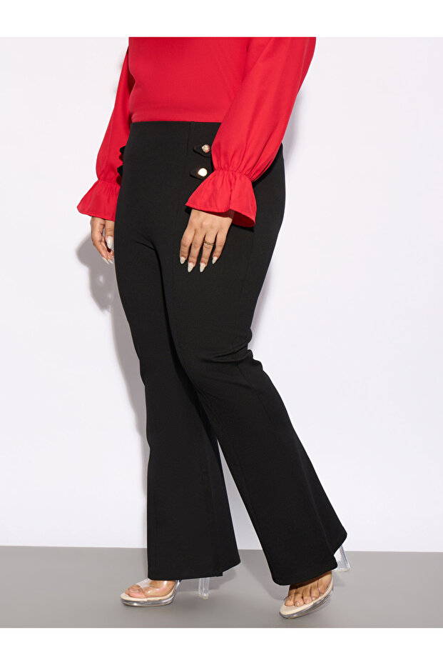 Plus Solid Bell Bottom Trouser with Button Detail - 3