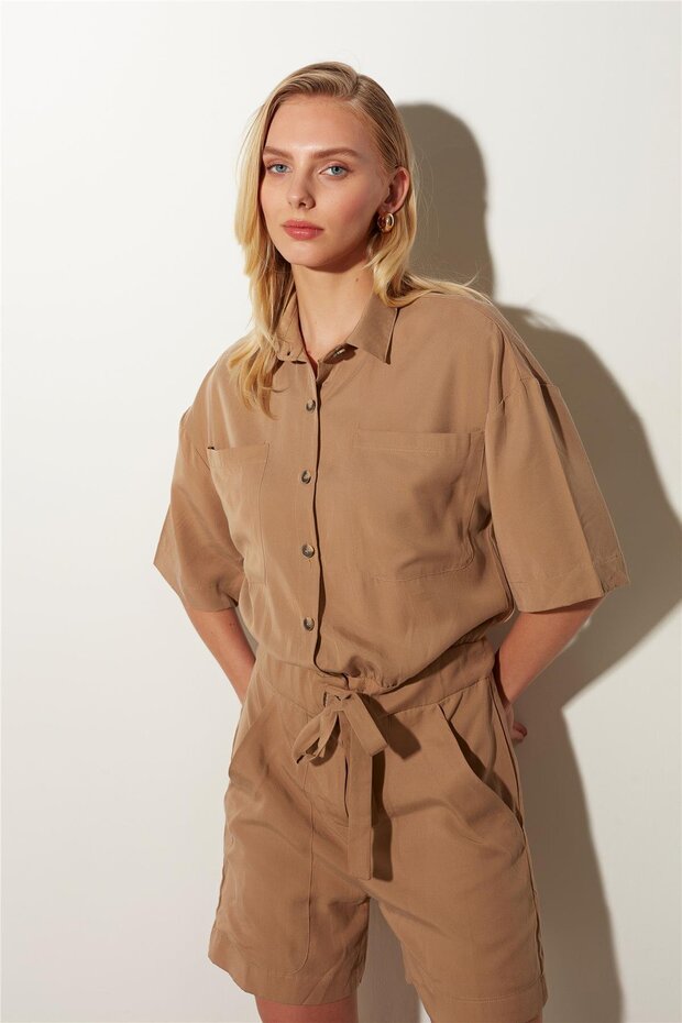 Camel Kemerli Şort Tulum - 2